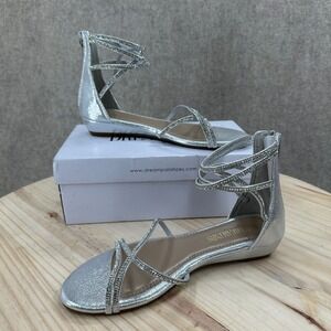 Dream Pairs Silver Rhinestone Strappy Flat Dress Sandals Back Zip Size 8.5